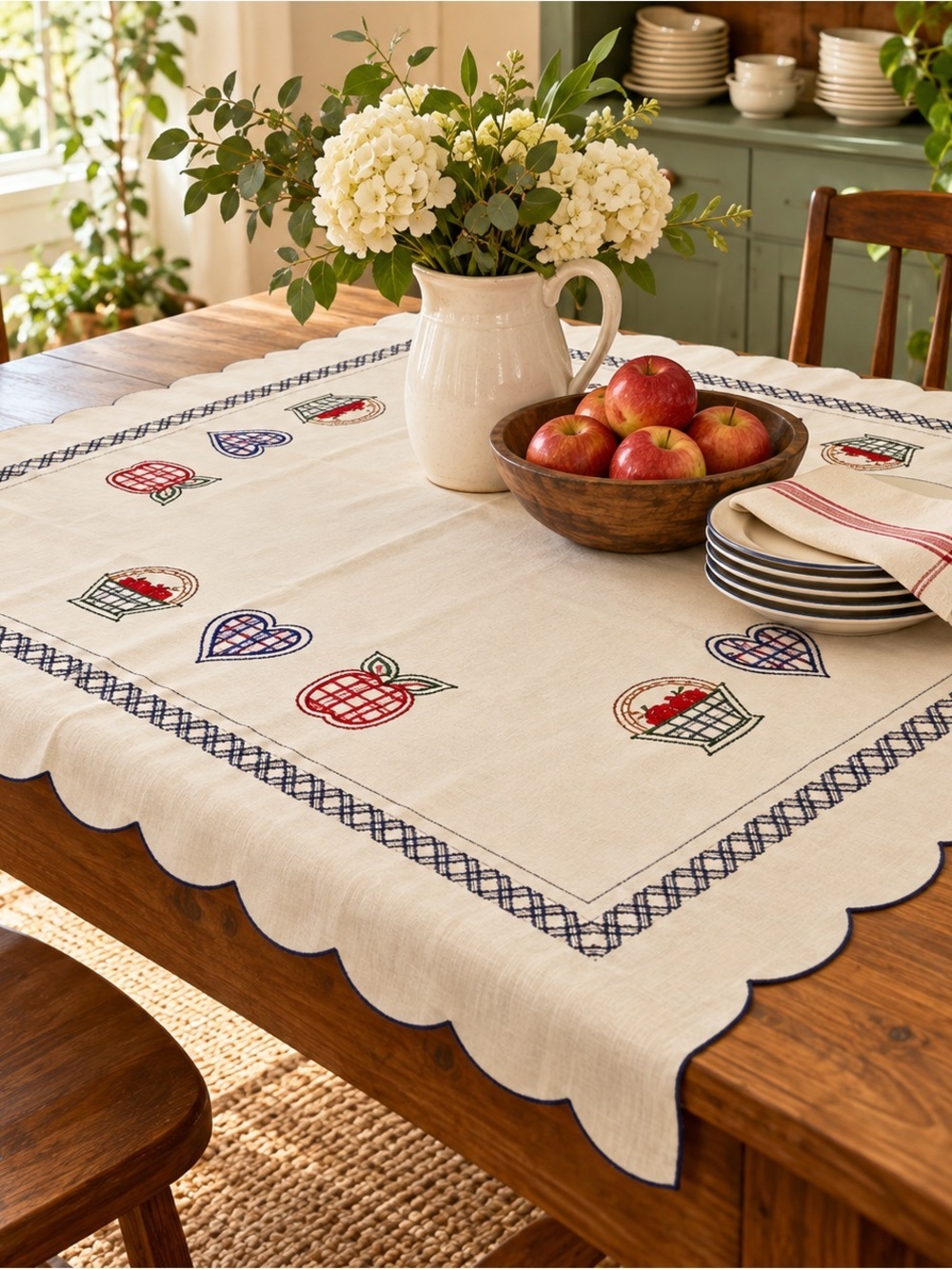 Vintage Linen Tablecloth Embroidered Apple Plaid Farmhouse Cottagecore Kitchen